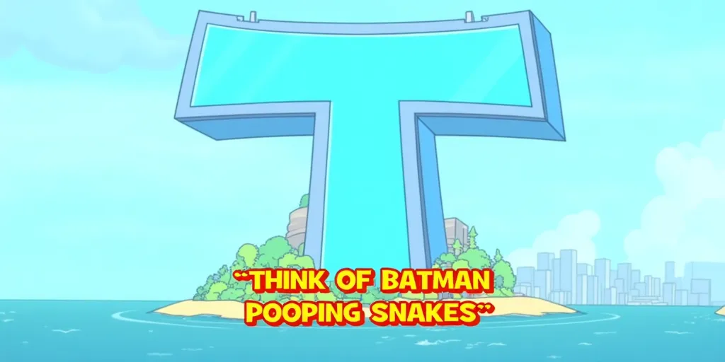 A scene from "Teen Titans Go!" featuring the light blue iconic T-shaped tower on an island. The sky is bright blue with a few clouds. The episode title "THINK OF BATMAN POOPING SNAKES" is displayed prominently in bold, yellow with Red outlinesat the bottom of the image. The background includes a city skyline and the ocean surrounding the tower.