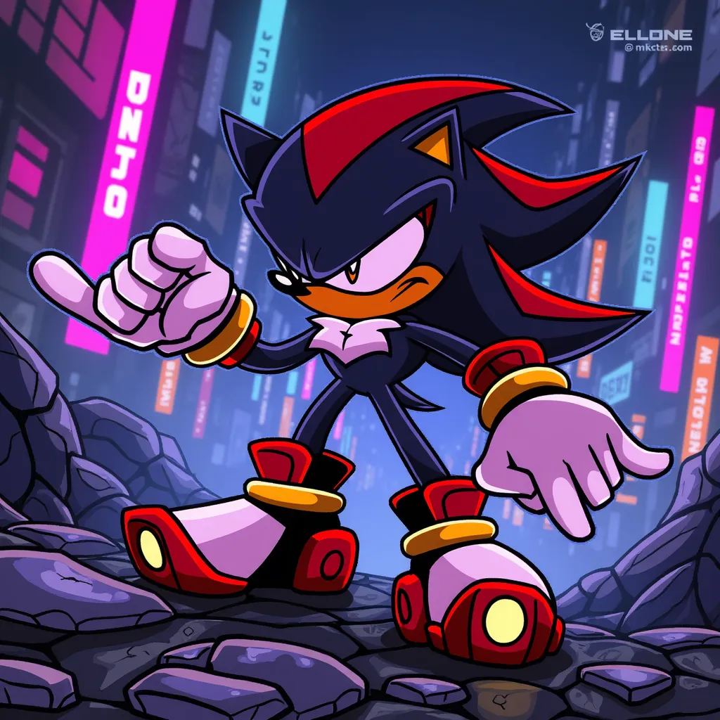 Shadow the Hedgehog, digital illustration, dynamic action pose, futuristic setting, cyberpunk art style, inspiration from Sega, Sonic Team, and Yoshitaka Amano, wide-angle shot, neon lighting, vivid colors, high resolution, intricate details, Octane render, (hdr:1.25), (artstation:1.2).