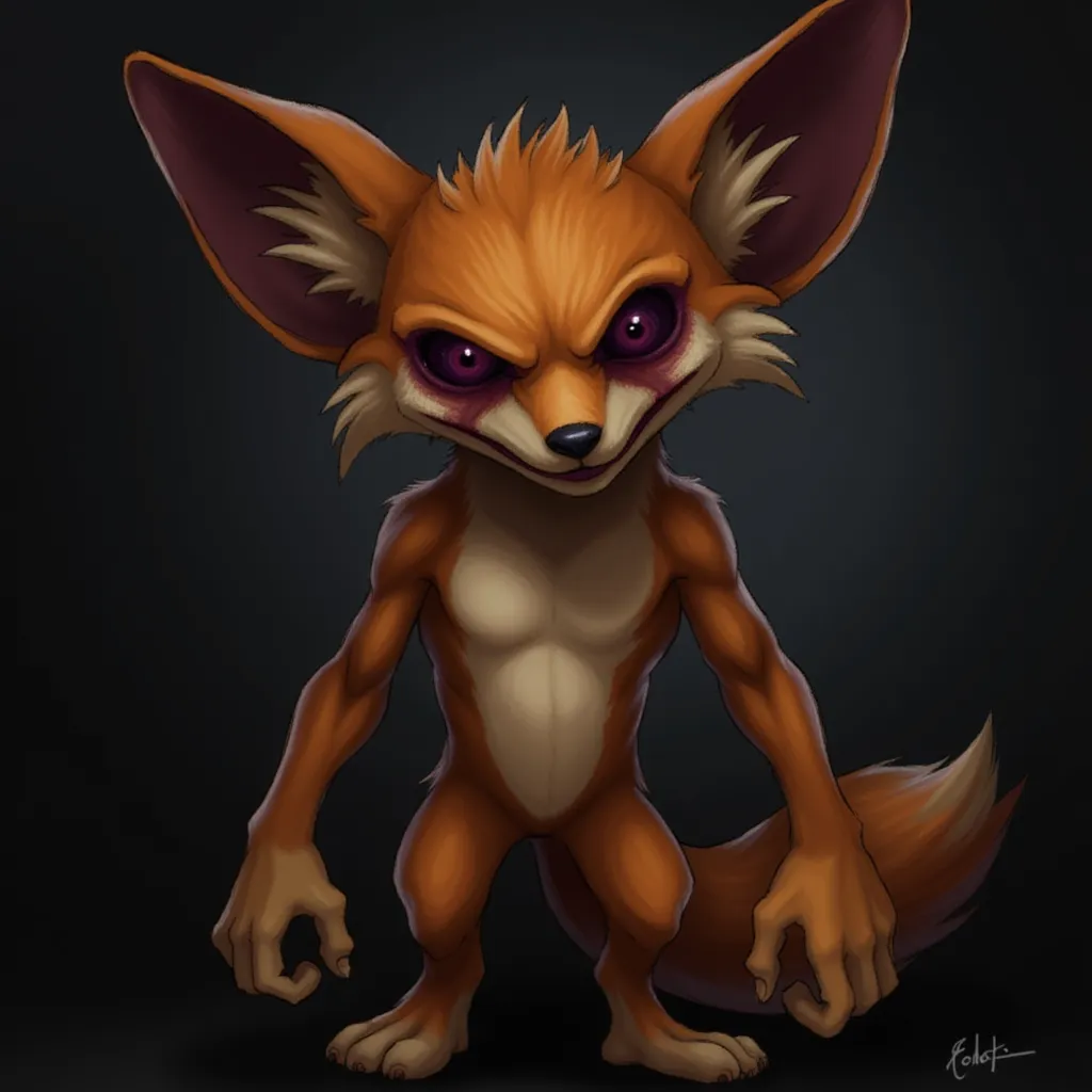 SpoopyTailsEXEFNF, dark, glowing red eyes. The iconic Two orange Tails and humanoid Fox features are present, with enlarged, clenched fists, capturing a haunting and unsettling appearance. Colored sclera