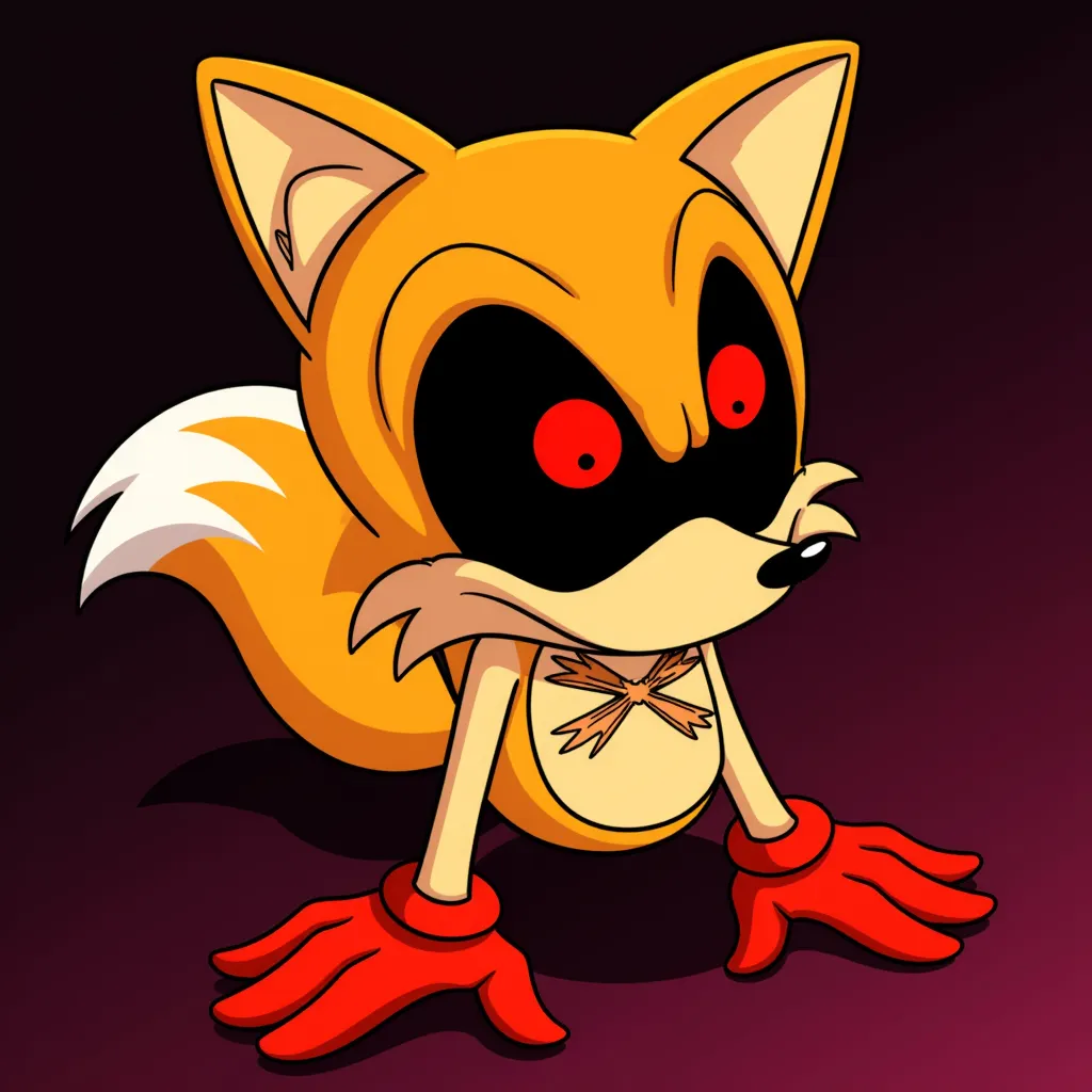 LeglessEXEFNF, featuring large red eyes, The vibrant colors and exaggerated features suggest a dynamic and intense artistic style, typical of the mod's aesthetic, black sclera, colored sclera, Orange fur, yellow skin, two tone fur, red gloves, no legs, X On chest, resembling Tails The Two Tailed Fox, horror