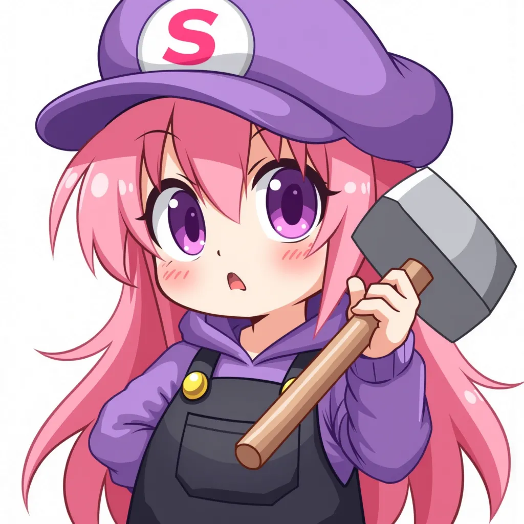 Pink-long haired girl with vibrant purple eyes, wearing a purple hoodie and black short-overalls, complemented by a purple plumber hat featuring an "S" in color pink (no 6 fingers,cute expretion, with a gigant hammer as weapon)   