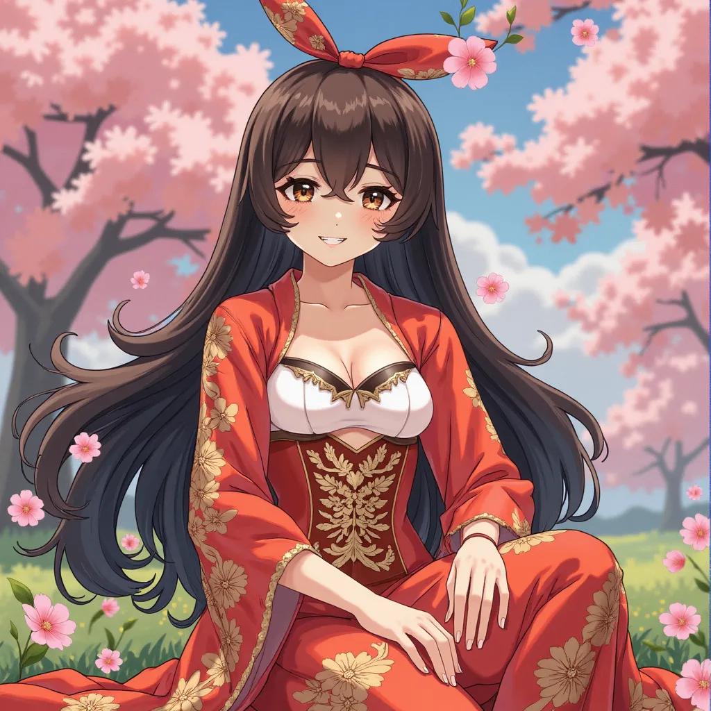 Amber, withangel wigs sitting gracefully amidst blooming cherry blossoms, wearing a traditional 1765 kimono embroidered with intricate patterns, outdoor setting, digital illustration, vintage anime style, inspired by the works of Hayao Miyazaki and Katsushika Hokusai, medium shot, wide angle lens, front view, hyper detailed, vivid pastel colors, natural soft lighting, cinematic render.
