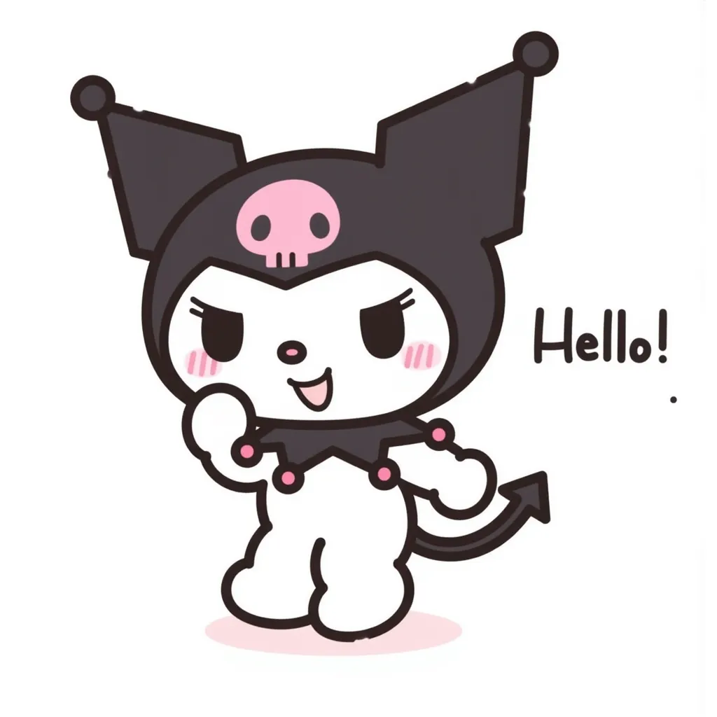 Kuromi, a character from the Sanrio franchise, wearing a black jester hat with a pink skull design and a black collar adorned with pink balls. She also has a small black tail ending in a point, waving and saying "Hello!".