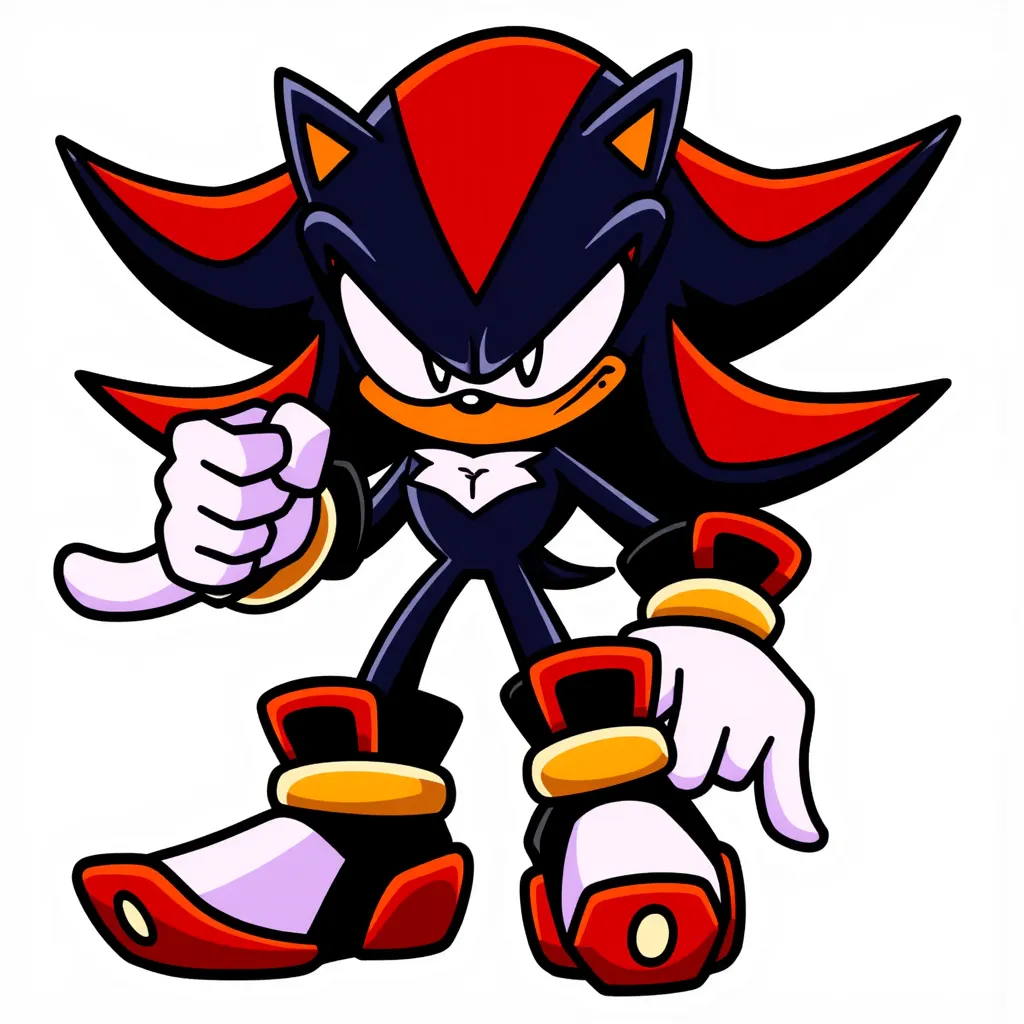 ShadowSRRFNF, showcasing his iconic black and red color scheme, white eyes, shadow the hedgehog from Sonic the hedgehog 