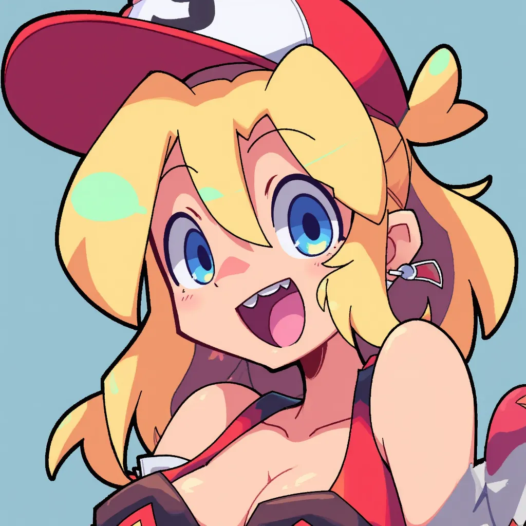Cute blonde Trans fem with a backwards cap, a tank top with wire underneath, and vampire teeth. Her hair is messy, and her eyes are blue