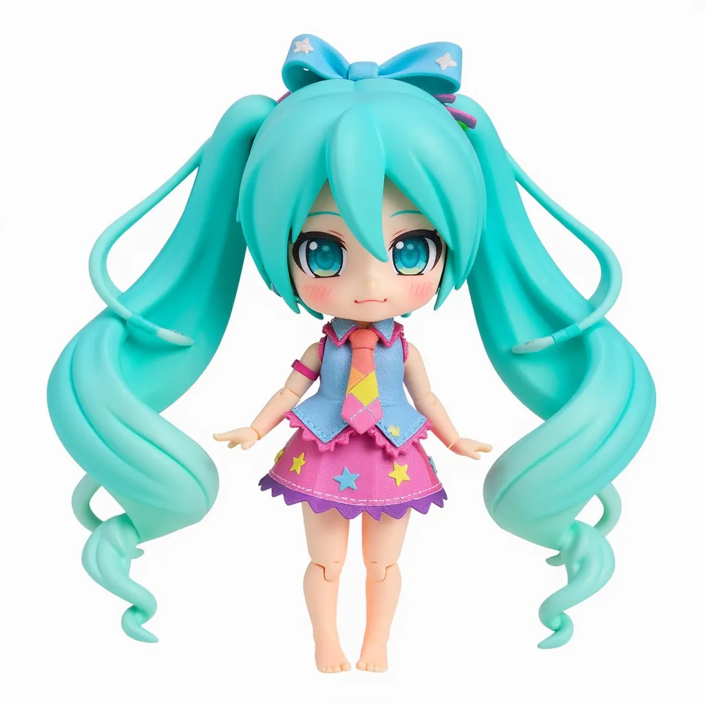 Nendoriod doll Her gender is a girl.
Shes A vocaloid and is like miku with short skirt she have sleeveless, shirtless, top  and have styled miku cyan ponytail hair, she have cyan eyes she is barefoot she have cute little  rainbow stars on her skirt she have cute cyan and pink and purple mixed miku top. She have greenish cyan ribbons tied to her ponytail 
She is like Hatsune miku