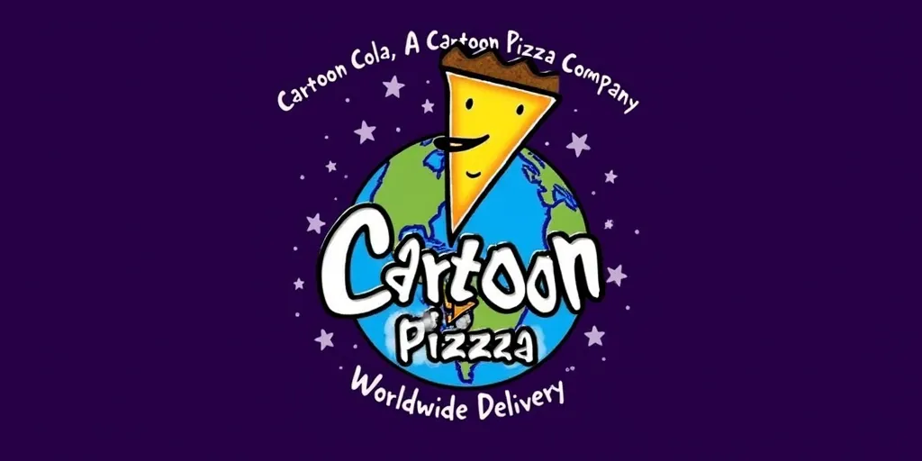 Logo for "Cartoon Pizza" with a slice of pizza featuring a smiley face and brown crust atop a globe, set against a starry, purple background. The text reads "Cartoon Cola, A Cartoon Pizza Company" above and "Worldwide Delivery" below.