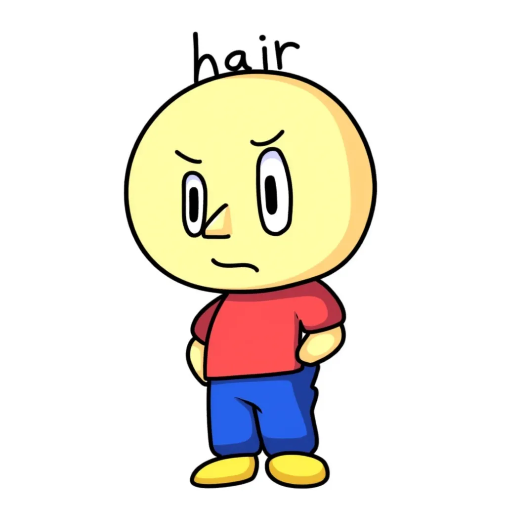 TristanFNF, depicted in a cartoon style. He has a round, yellow face with simple black features and big eyes. Tristan wears a red shirt, blue pants, and yellow shoes.  the word "hair" is written above his head. light yellow skin, black eyes, bald,