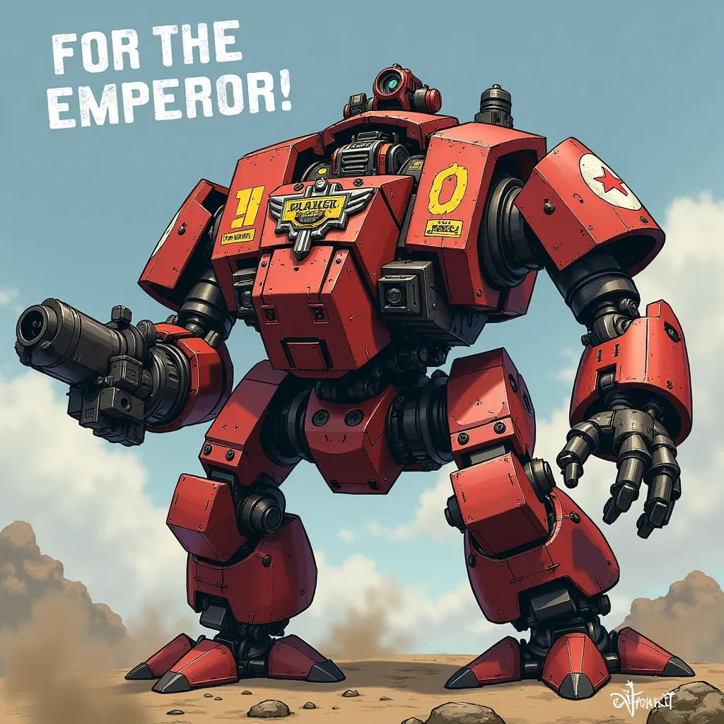 A Dreadnought, a large mech suit from Warhammer 40k, with text at the top of the image reading "FOR THE EMPEROR!"
