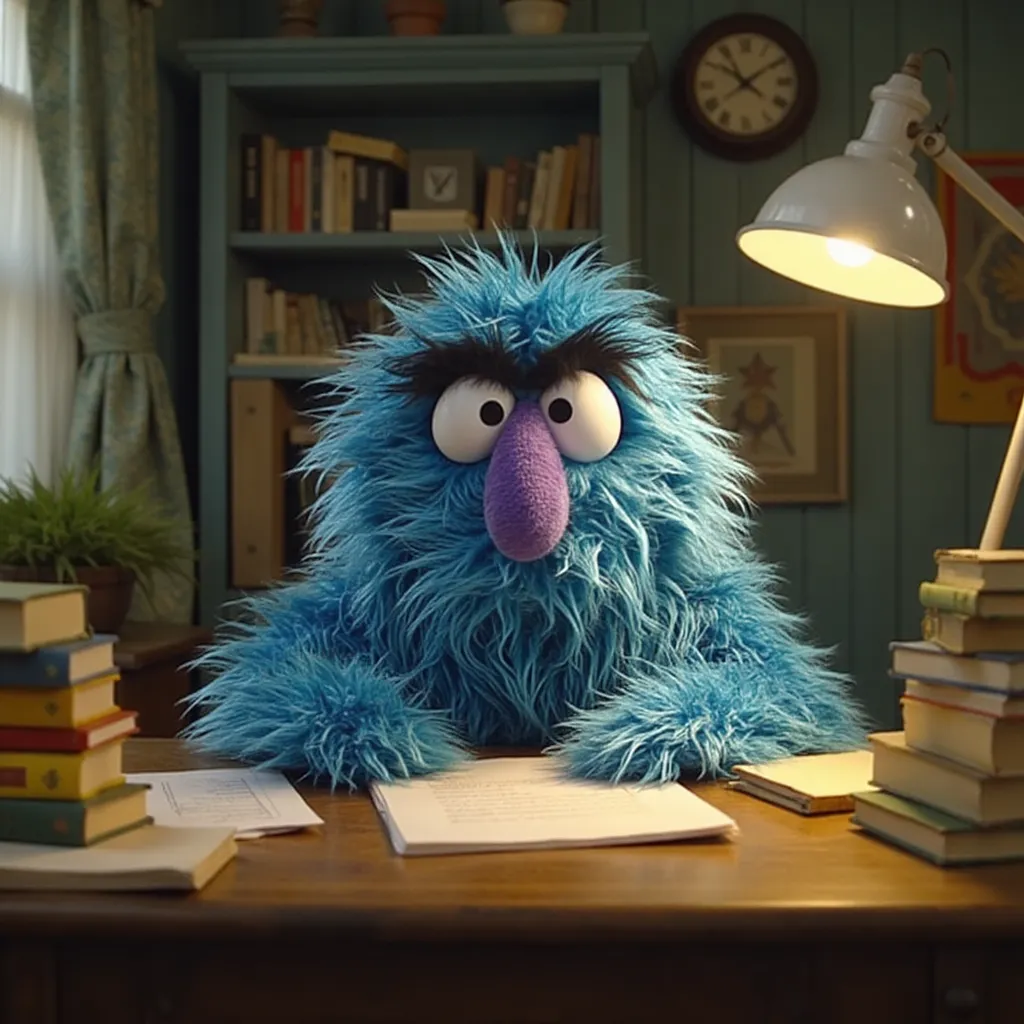 Herry Monster sitting at a vintage wooden desk in a cozy, well-lit room, writing a novel, surrounded by stacks of books and papers, digital illustration, whimsical style, inspired by the works of Jim Henson and Maurice Sendak, soft pastel colors, (fantasy vivid colors:1.3), gentle ambient lighting, medium close-up shot, 50mm lens, front view, highly detailed, (artstation:1.2), (intricate details:1.14) purple nose blue fur