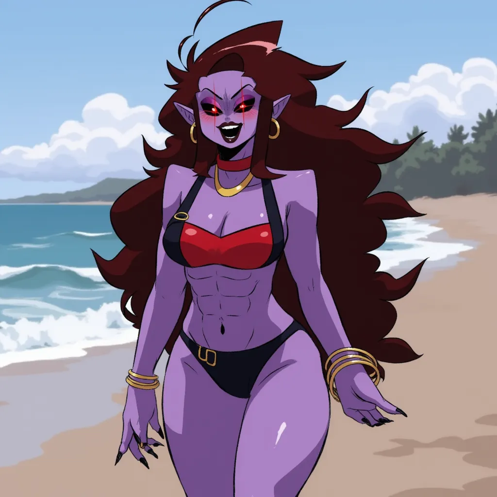 Mommy Mearest, has long brown hair, purple skin, pointed ears, and wears a super hot black and red bikini that shows almost the entirety of her body, she also has black lips, big lips, and glowing red eyes. Mommy Mearest standing at the beach, smiling with fashion.