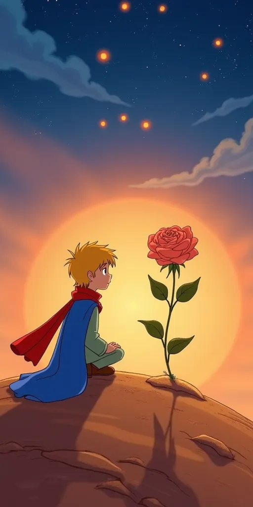This is a digital illustration from a Disney animated film: On the Little Prince's tiny, desolate planet, he kneels in front of a single, radiant rose, bathed in the warm glow of the setting sun. The rose, with its vibrant petals, stands proudly despite her haughty demeanor. The Little Prince, in his blue cloak and red scarf, looks at her with a mix of sadness and newfound understanding. The rose, her petals slightly curling, gazes back at him with a quiet admission of her feelings. As the wind rustles the air, the Prince touches one of her delicate petals, realizing the depth of his love and the patience required to understand her. Above them, the first stars begin to shine, signaling the journey ahead. This poignant farewell marks the moment the Prince grasps the value of love and patience. It sets the tone for his reflections on relationships throughout his journey. The overall style is typical of classic Disney animation from the mid-20th century.