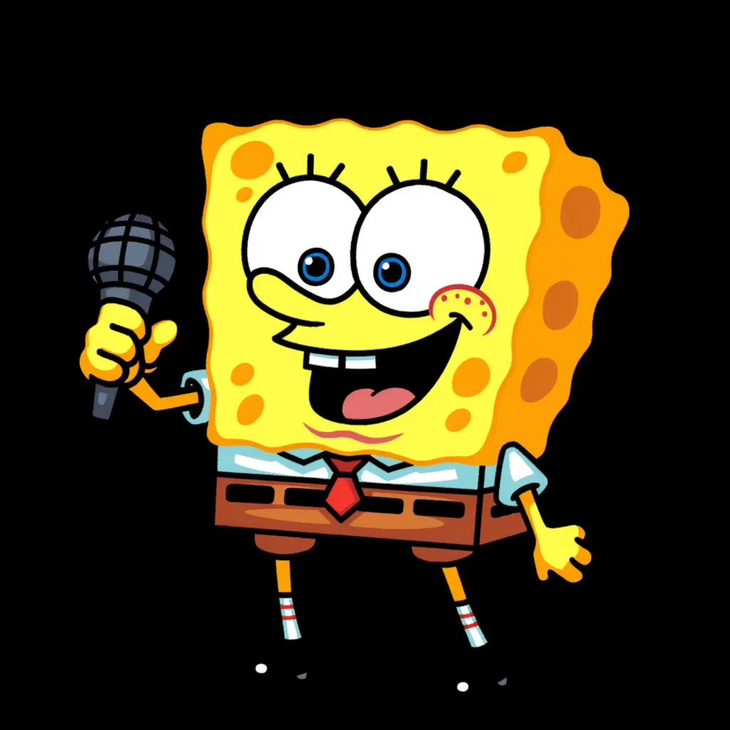 "Spong from Friday Night Funkin/FNF Vs Spong Mod holding a microphone. The character resembles a cheerful, yellow sponge with large eyes, wearing brown square pants, a white shirt, and a red tie. Spong is smiling and raising his left hand, which holds a microphone, suggesting a performance stance. The background is plain black, highlighting the character."