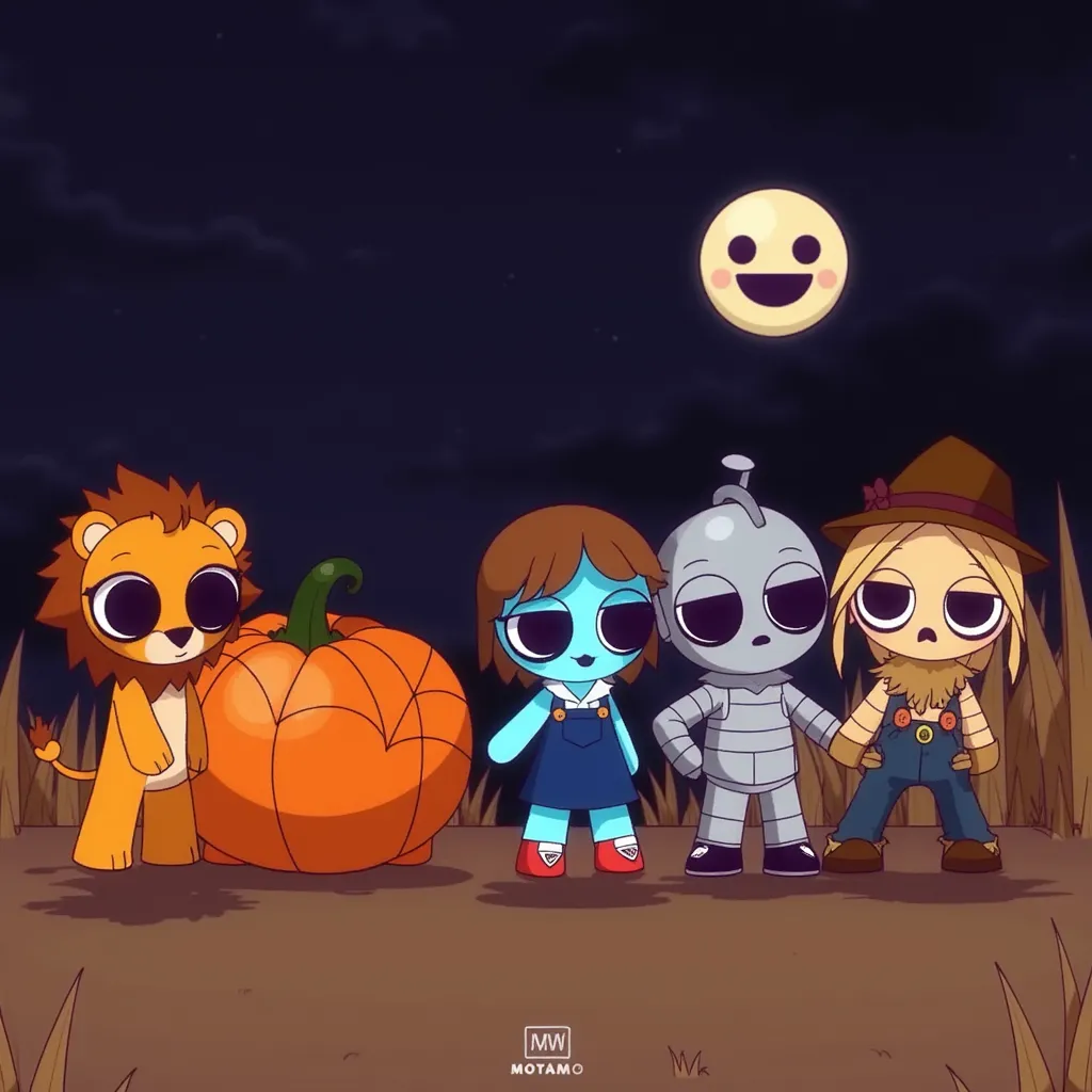 Sprunki spooky family: Four cartoon characters in Halloween costumes stand together under a starry night sky. One character is Lion, another is tin man, a blue character wears brown wig, blue dress and red shoes, and the last one resembles a scarecrow. In the background, a large, smiling pumpkin with a web design is visible. The crescent moon above has a playful, smiling face, adding to the festive atmosphere.