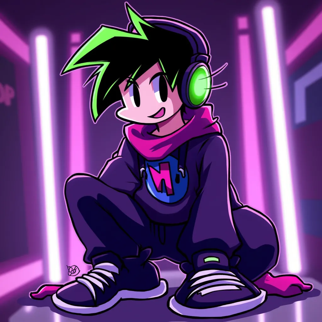 NeoBF, depicted in a vibrant, neon style. He has spiky black hair with green neon highlights, wearing headphones He sports a purple and black outfit with glowing accents, including a hoodie with a vaporwave styled logo and oversized black shoes with neon details. Dark purple hoodie, magenta scarf, black pants
