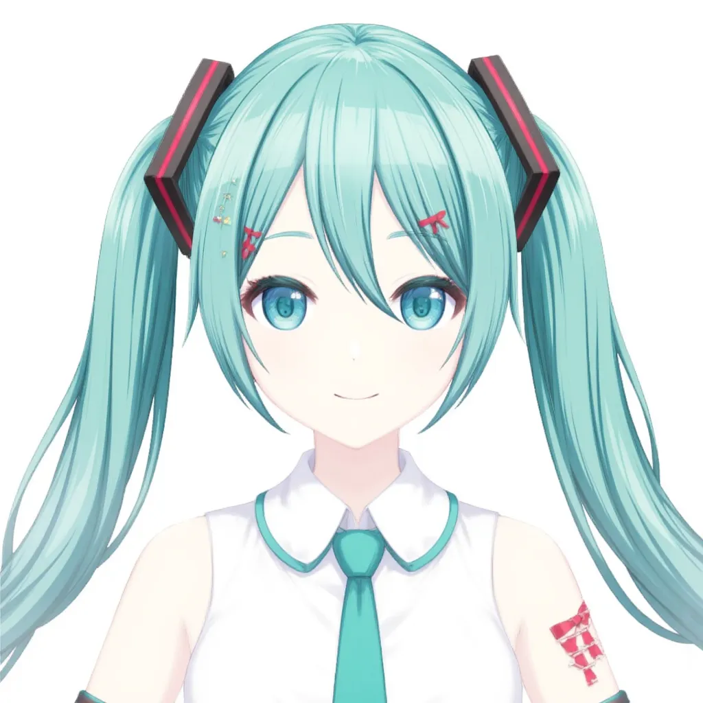 Hatsune Miku, front mugshot, white background, render 3d, anime 3d, black headphone,