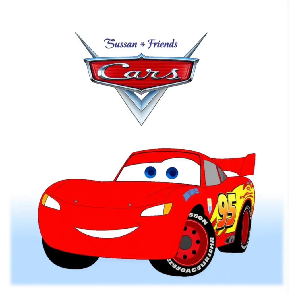 Lightning McQueen. The animated red race car is smiling with large blue eyes, displaying the number 95 on its sides. The "Cars" logo is prominently displayed at the top with a chrome and red design. The background is a gradient of white to light blue in Sussan & Friends Style