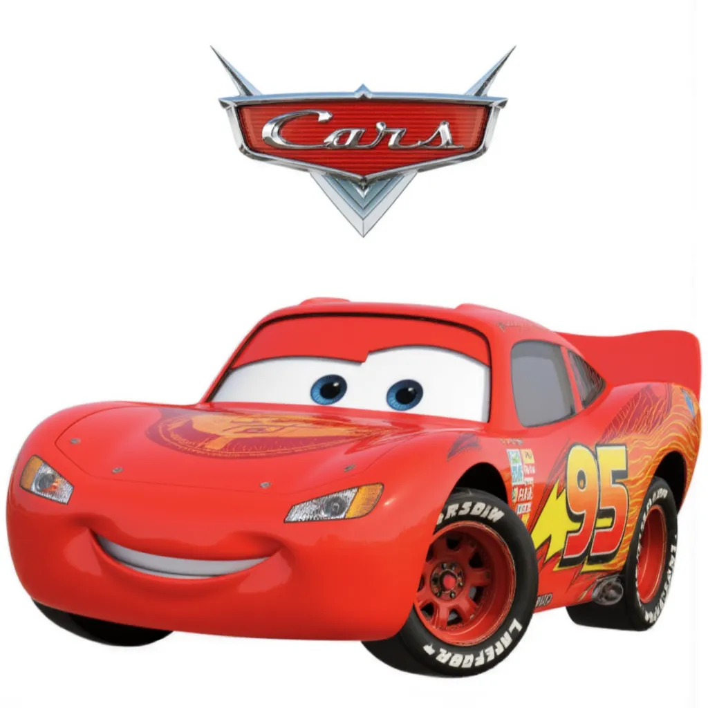 Lightning McQueen. The animated red race car is smiling with large blue eyes, displaying the number 95 on its sides. The "Cars" logo is prominently displayed at the top with a chrome and red design in the style of SheZow (animated series)
