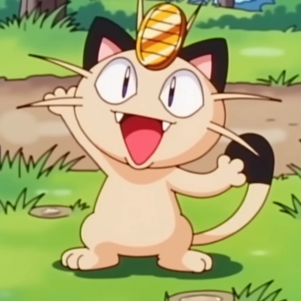 Meowth (Pokémon) standing on grass with a cheerful expression. It has large eyes, a coin on its forehead, and a curled tail. Its right arm is raised in a gesture of excitement. The background depicts a grassy area with patches of dirt.
