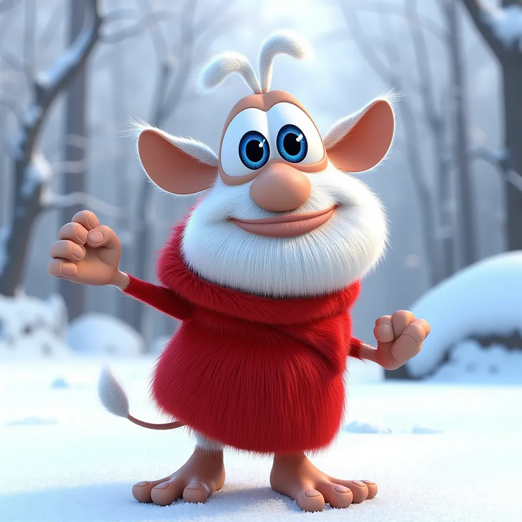 Booba is a cartoon character with white fur, antennae and blue eyes, four fingers on his hands and three toes, a beige nose and beige arms and legs. in a red fur overcoat in the snow