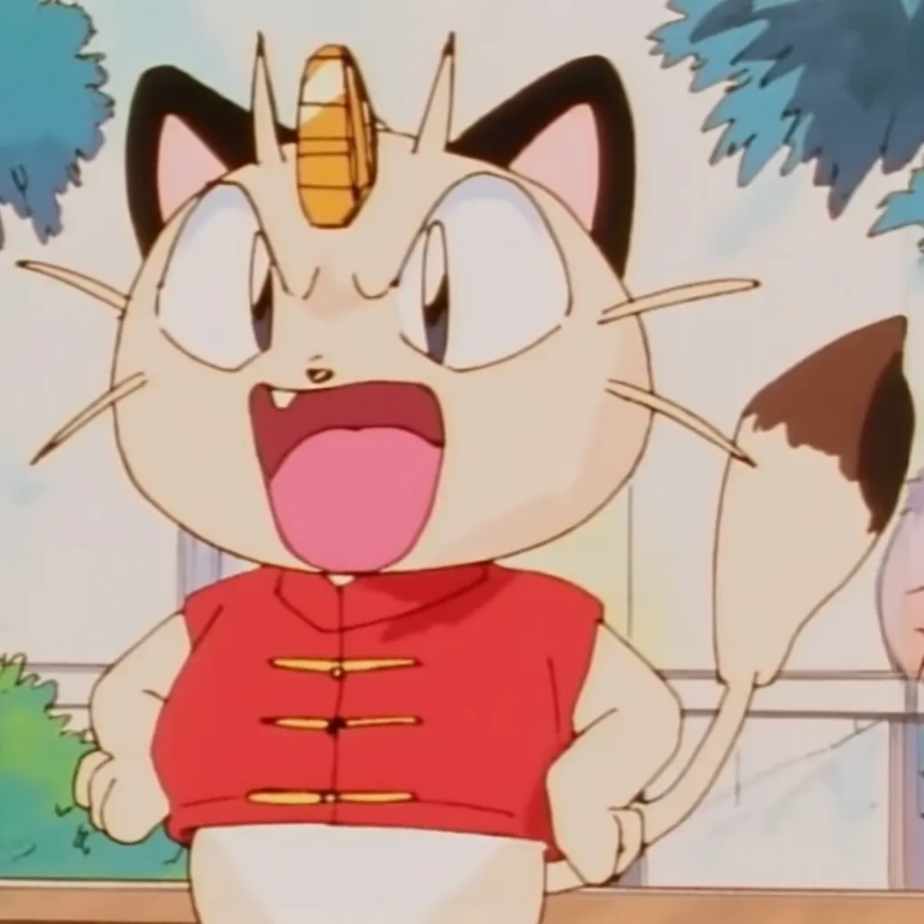 in the style of Ranma 1/2 (1989), Meowth (Pokémon) standing with a cheerful expression. It has large eyes, a coin on its forehead, wearing a red Chinese-style shirt with yellow fasteners, sleeveless, and a curled tail with a brown tip on the tail. Wearing a red Its right arm is raised in a gesture of excitement. In a dojo.