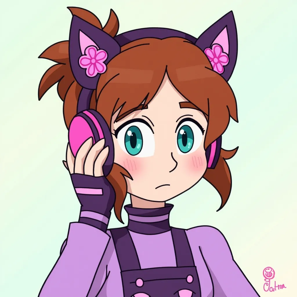 Haruka has turquoise eyes and short, curly auburn hair with a small amount pulled into a messy bun with a pink flower clip. She has noticeable, slightly thick eyebrows. She wear large, pointed headphones resembling ears. She wearing a purple outfit with a collar and fingerless gloves. Her shirt features a stylized animal face. Striped socks or leggings match the overall color theme.