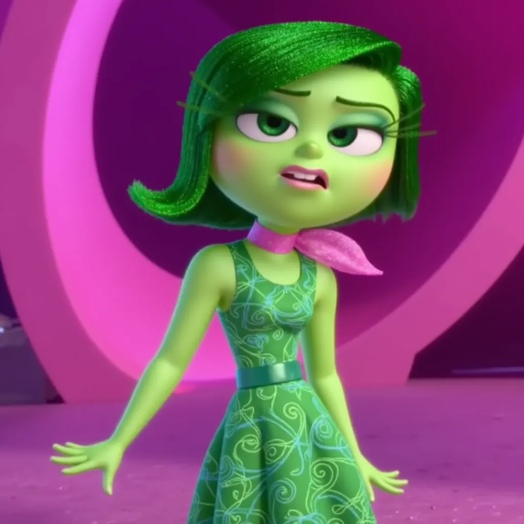 A character from the animated movie "Inside Out" named Disgust. She is depicted with bright green skin and short, green hair. She is wearing a green dress with an intricate swirl design and has a pink scarf around her neck. The background features pink and purple tones.