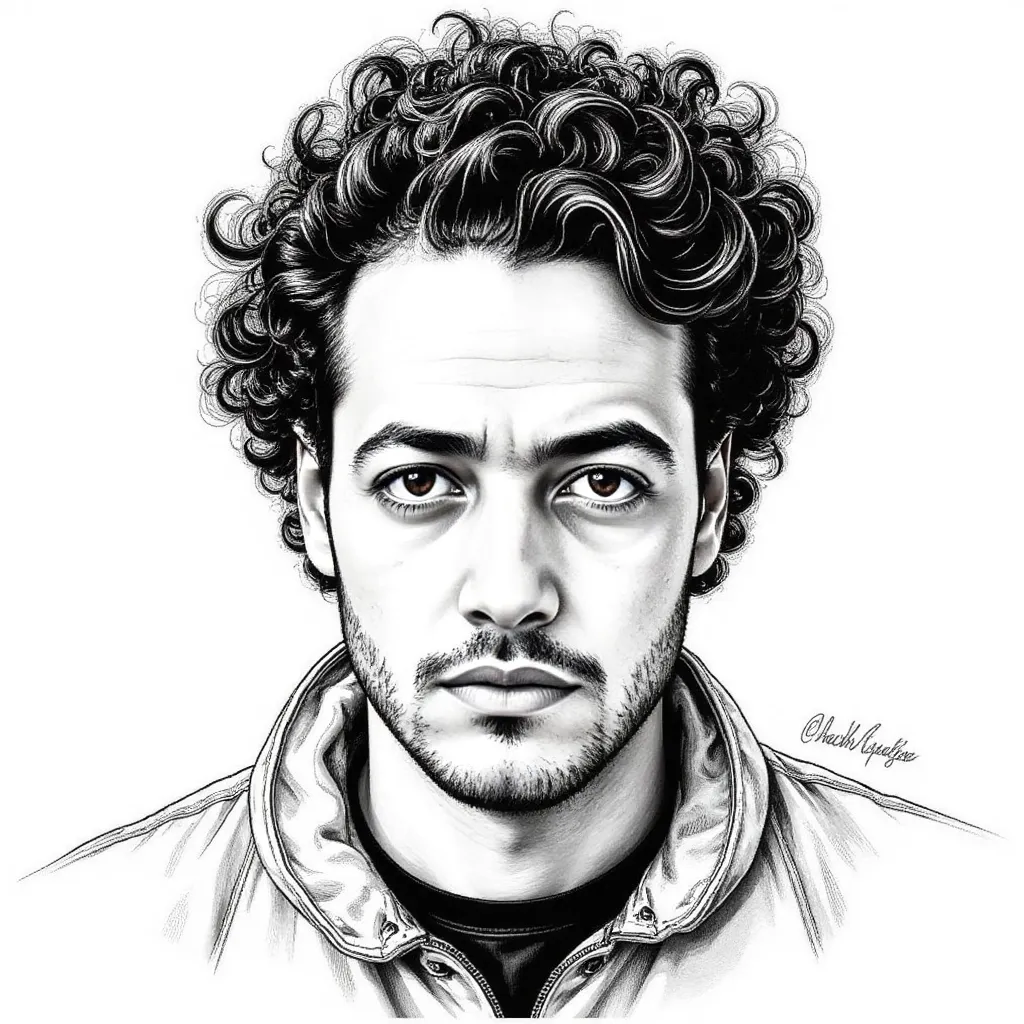 Black and white illustration of a serious man with curly hair and intense eyes, showcasing detailed line work and strong contrast.