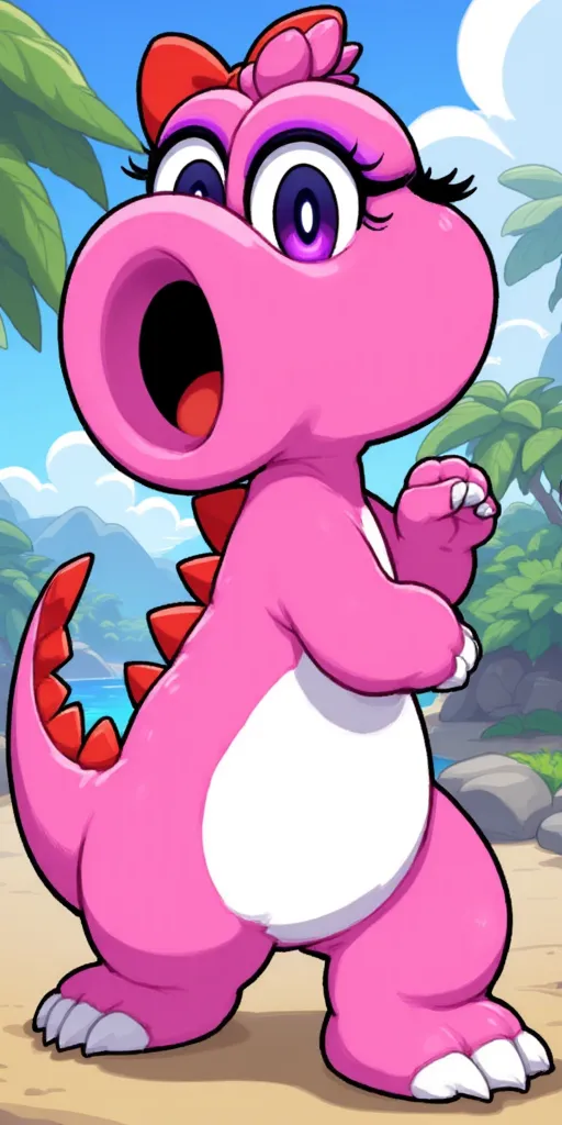 A cute simple but high-quality and ultra-resolution hand-drawn anime-style digital illustration, with bold linework that depicts Birdo, a happy vibrant pink dinosaur with purple eyes, eyelashes, a round open mouth, white skin on her belly, and red spinal spikes. She has a red bow on the back of her head and wears a ring on her right middle finger. The detailed background is a paradise setting.