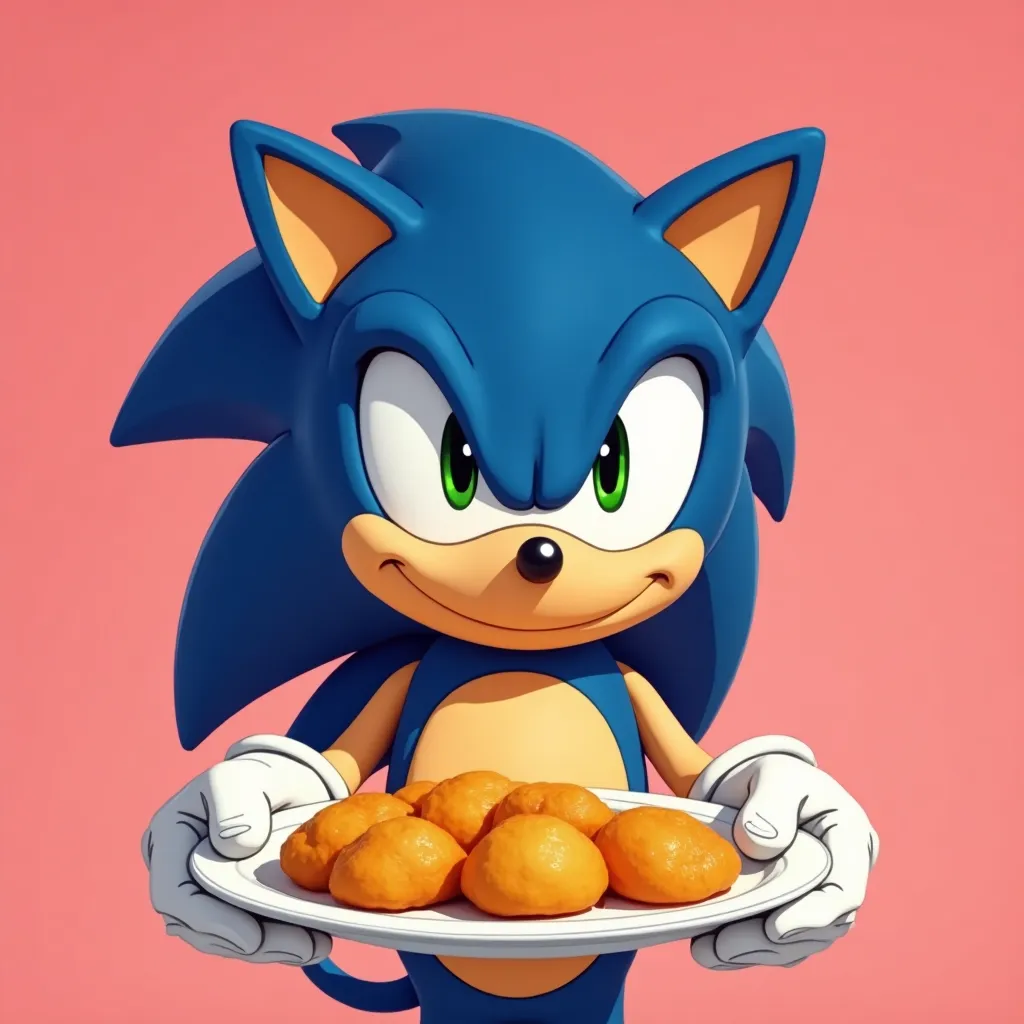 Sonic The Hedgehog, holding a plate of venezuelan arepas. The background is a warm pink color, adding to the 90s commercial vibe of the scene. vhs filter, 2D 90s artstyle