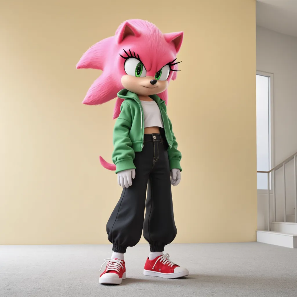 Sonic, female, pink fur, green eyes, black eyelashes, wearing a white crop top shirt, green jacket, black long jeans, red tennis shoes, on a beige large room background, gray carpet, with a white stair on right