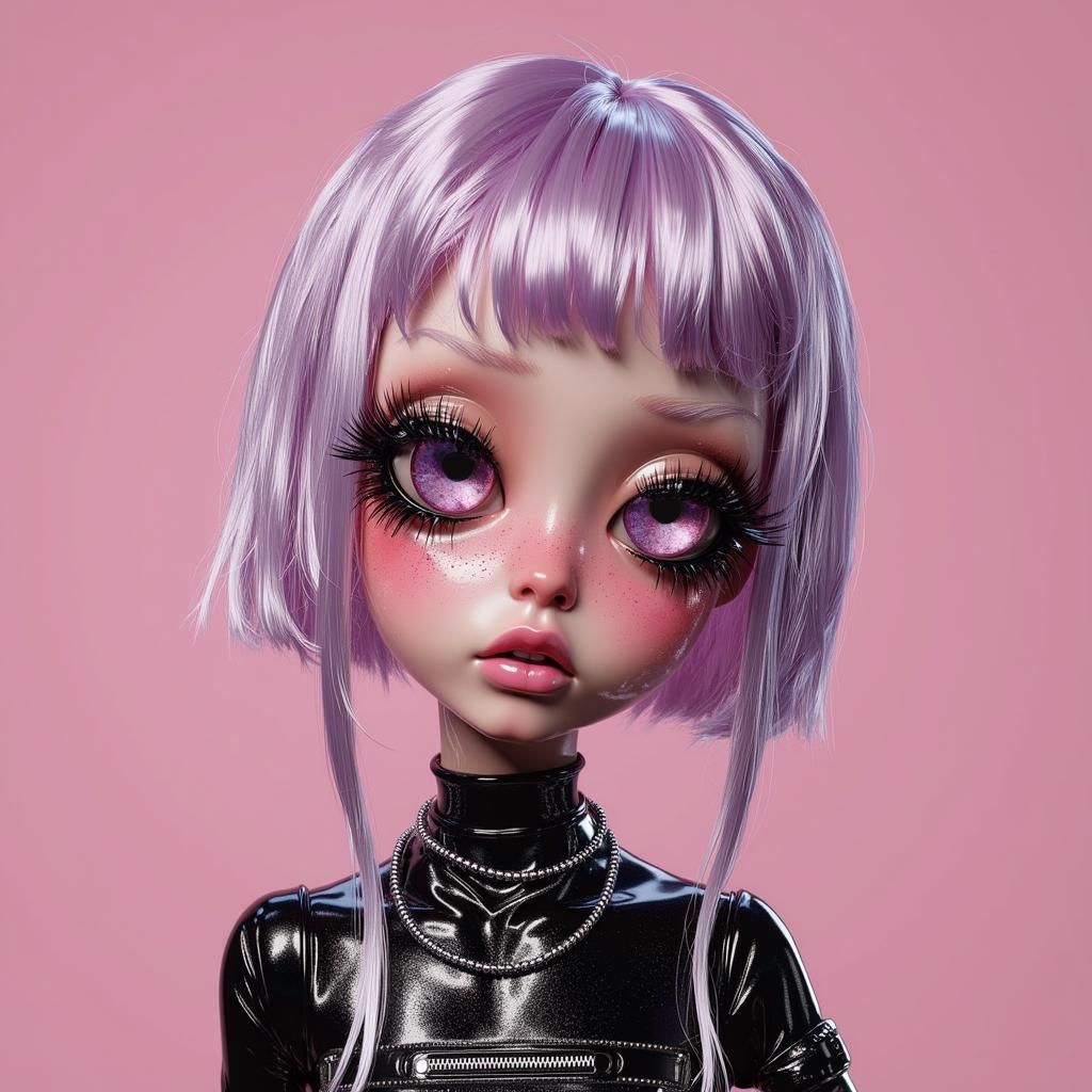 3D weirdlooking cyberpunk doll humanoid 3D fastastical character with glossy texture,