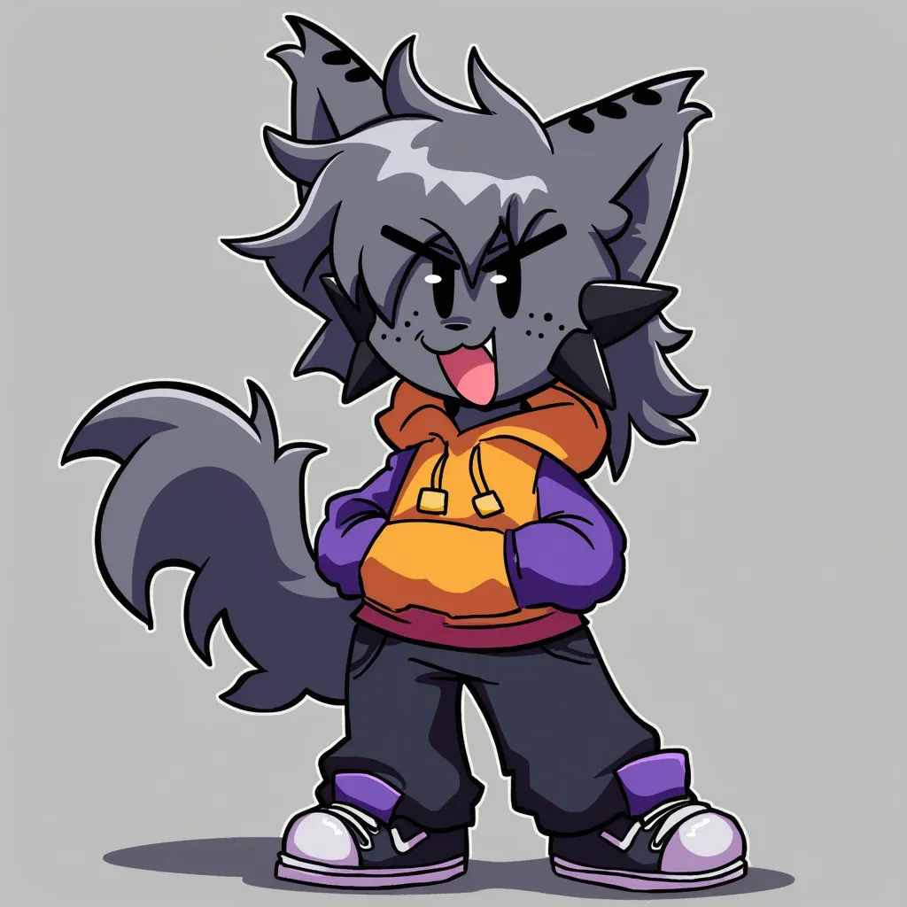 KapiFNF,  depicted as an anthropomorphic cat with spiky gray fur, wearing a colorful hoodie and sneakers, black eyes, fang,kapi has same style as Kay Flock thr drill rapper 
