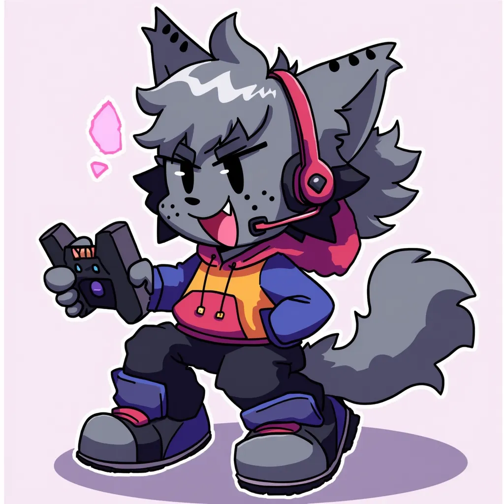 KapiFNF,  depicted as an anthropomorphic cat with spiky gray fur, wearing a colorful hoodie and sneakers, black eyes, fang,kapi fnf playing on his ps5 gta5 and eith Headset 