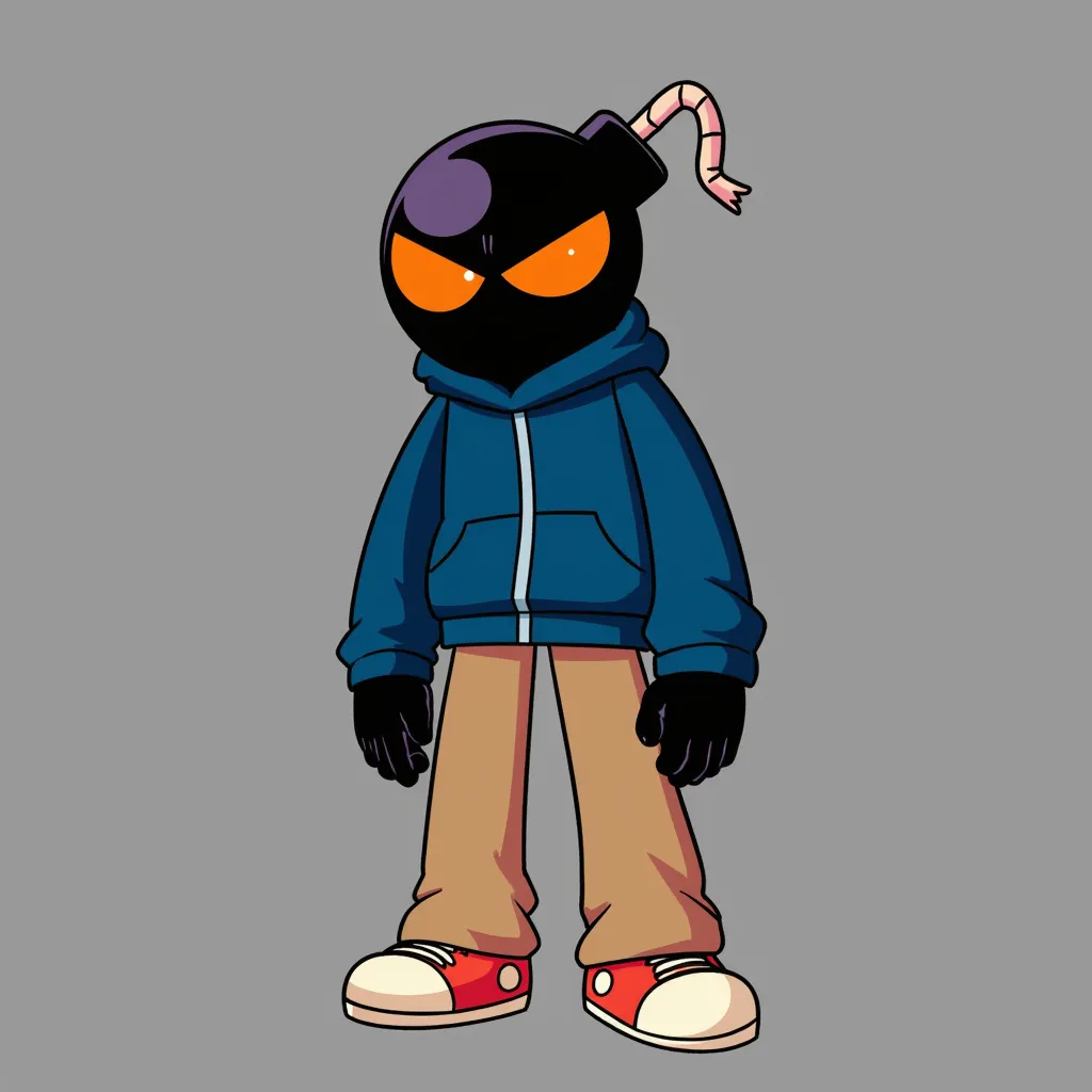 WhittyFNF, Anthropomorphic black bomb He has a black bomb-shaped head with glowing orange eyes and is wearing a blue jacket, tan pants, and red sneakers. 