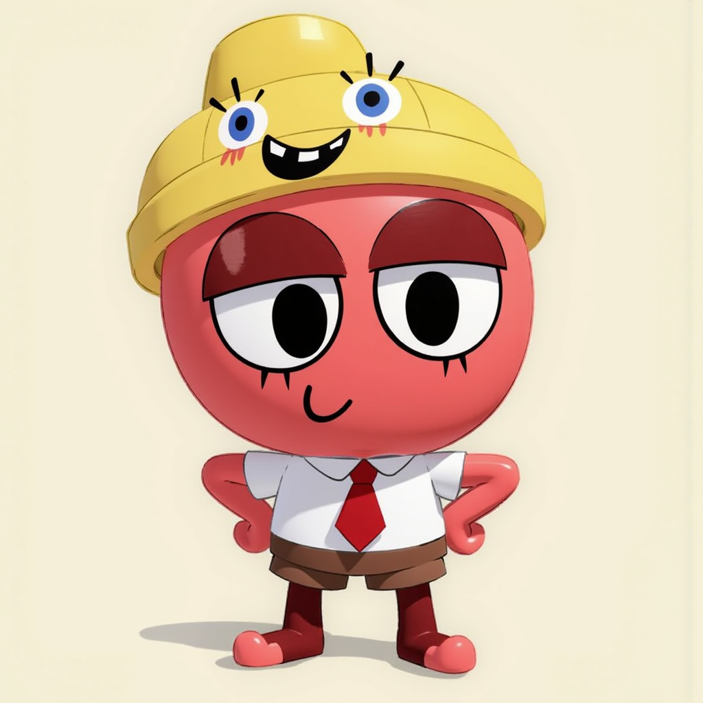 Gigi is a red gachapon with dark red accents. Yellow hat ,She smiles cutely. 2d artwork. Yellow spongebob hat. Her eyes are wide (likely due to how her head is shaped) with dark red eyelids and two eyelashes on the bottoms of her eyes. The upper half of her head is transparent and can open up. She wears a spongebob cosplay,with a white collared shirt,red tie,and brown shortpants. She smiles as she pits her hands on her hips. . . She has dark red legs and light red soles on her feet.