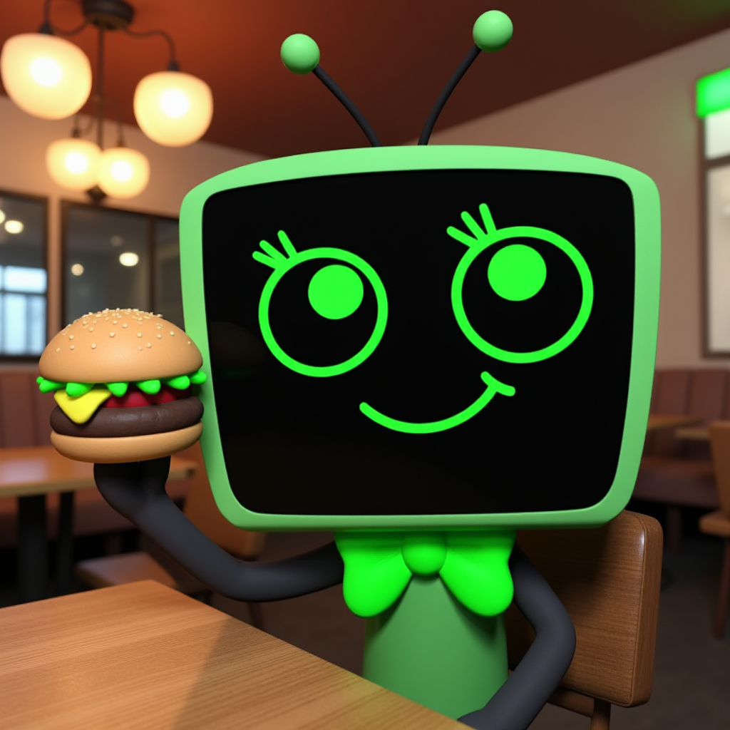 Green TV creature,smile,sit in resturant,hold burger,wide eyes,,black screen,Wide glowing green eyes,green eyelashes,green bowtie,green torso,black limbs,black antennae,hold burger