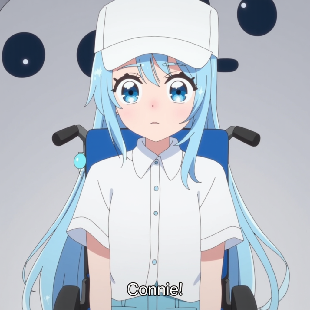 Anime girl in wheelchair,very long light blue hair,"connie",smooth hair,sparkly hair,light blue eyes,white baseball cap,white button up short sleeve shirt,light blue pants,white ghosts in background,subtitles read "Connie!"