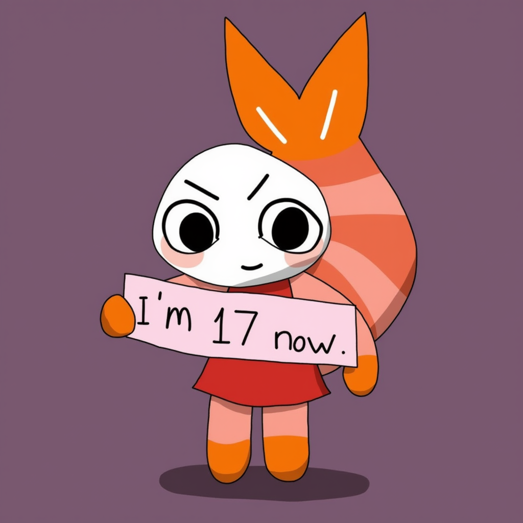2d artwork Shrimpo holds a sign ": A stylized 3D/2D character appears with happy expression.white face,hold a sign reading "i'm 17 now.",with a shrimp-like head, large expressive black eyes, and a smile expression.It has a red outfit, beige arms and legs, and an orange fin on top