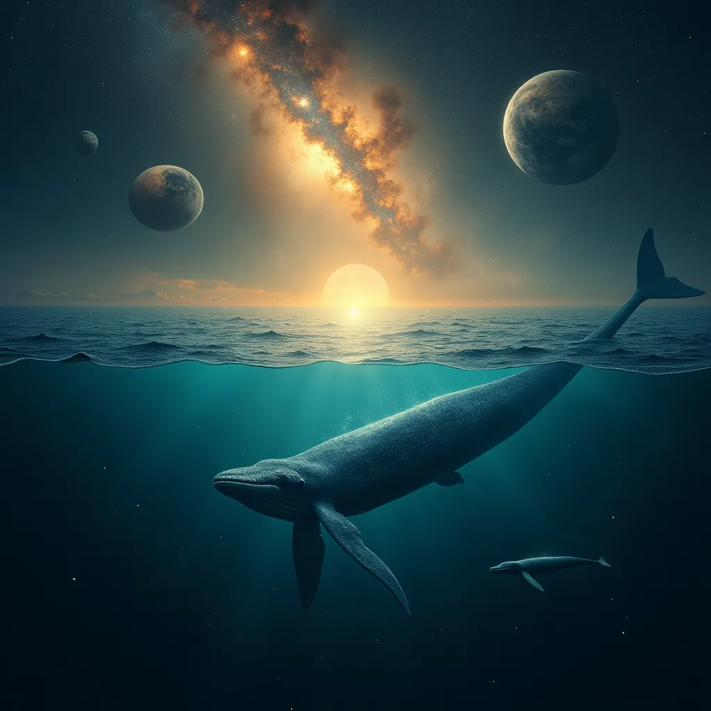 Imagine an infinite ocean, not of water, but of pure cosmic energy, stretching endlessly through the void. The sun, like a glowing ember beneath the deep, casts its golden light through the celestial currents, illuminating planets that drift like ancient, submerged relics. The entire solar system appears suspended within this vast abyss, moving gently as if carried by unseen tides.
From the darkness, two colossal whales emerge, their massive, ethereal forms gliding gracefully between the planets. Their skin shimmers with the reflections of distant stars, their slow, deliberate movements leaving ripples in the very fabric of space. Their haunting, melodic calls resonate through the cosmic sea, a song older than time itself.
Asteroids and comets swim like schools of fish, weaving through the planetary orbits, while nebulae swirl like great plumes of bioluminescent mist. You watch this breathtaking scene from afar, as if standing on the ocean floor gazing upward at a universe that br