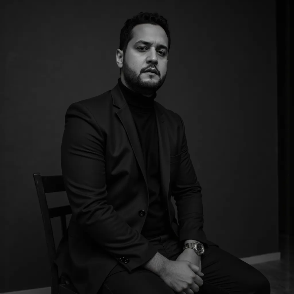 “A high-quality black-and-white portrait of a man sitting on a tall chair with a confident and relaxed posture. He is dressed in a stylish, well-fitted outfit, such as a black turtleneck or a classic suit, exuding sophistication and elegance. The background is minimalistic and moody, with soft lighting creating a dramatic contrast that highlights his facial features. His expression is calm yet intense, conveying depth and mystery. The overall atmosphere is modern, artistic, and timeless, making it a perfect profile picture with a professional and charismatic presence.”