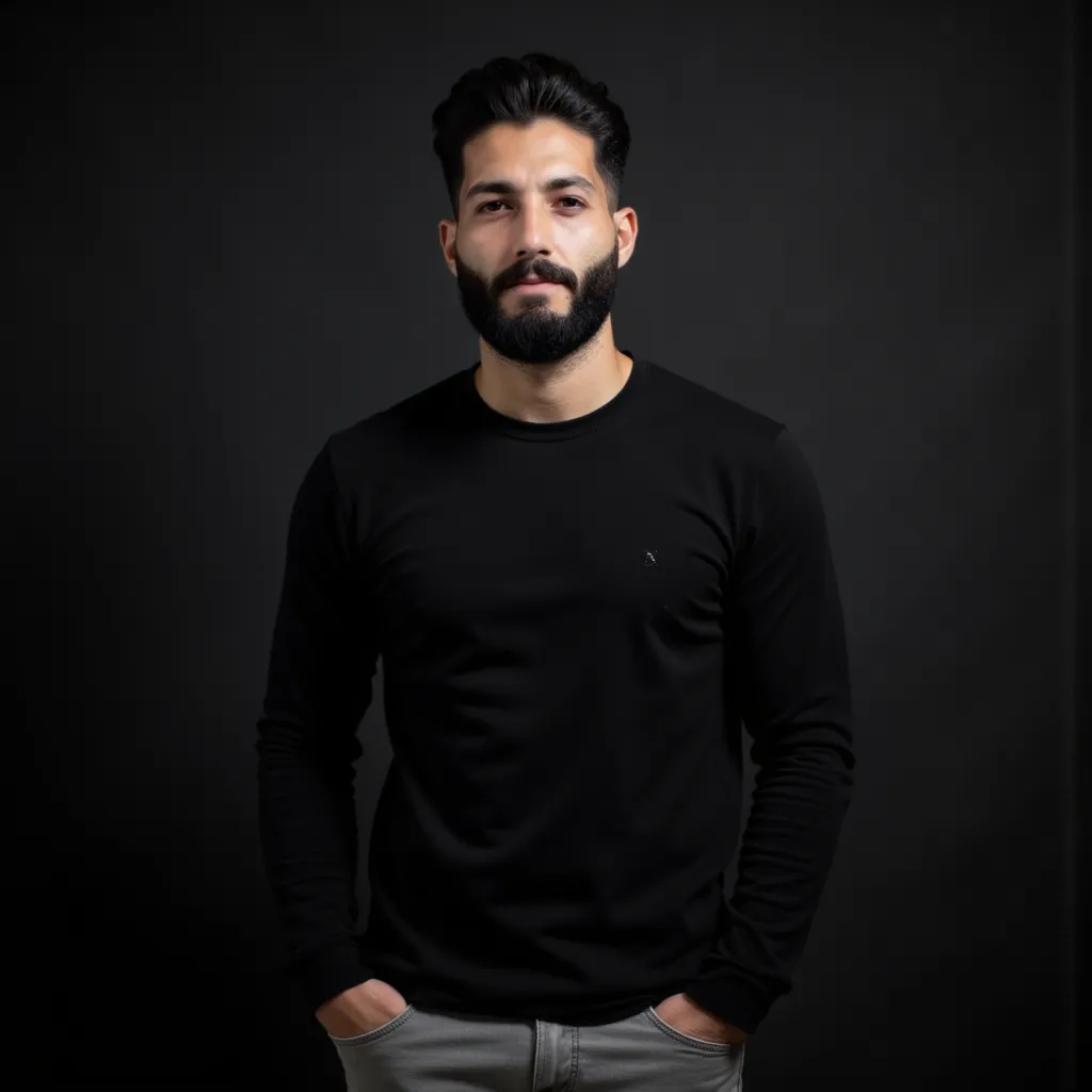 "Moody Portrait:
Capture the essence of a young man's intensity with this dramatic portrait. The dark, gray-toned background sets the tone for a brooding atmosphere, while the subject's facial expression adds depth and emotion.

Details:

- Age: Late 20s
- Attire: Black shirt and gray pants
- Background: Dark gray tones
- Mood: Moody and intense
- Style: Dramatic and realistic"