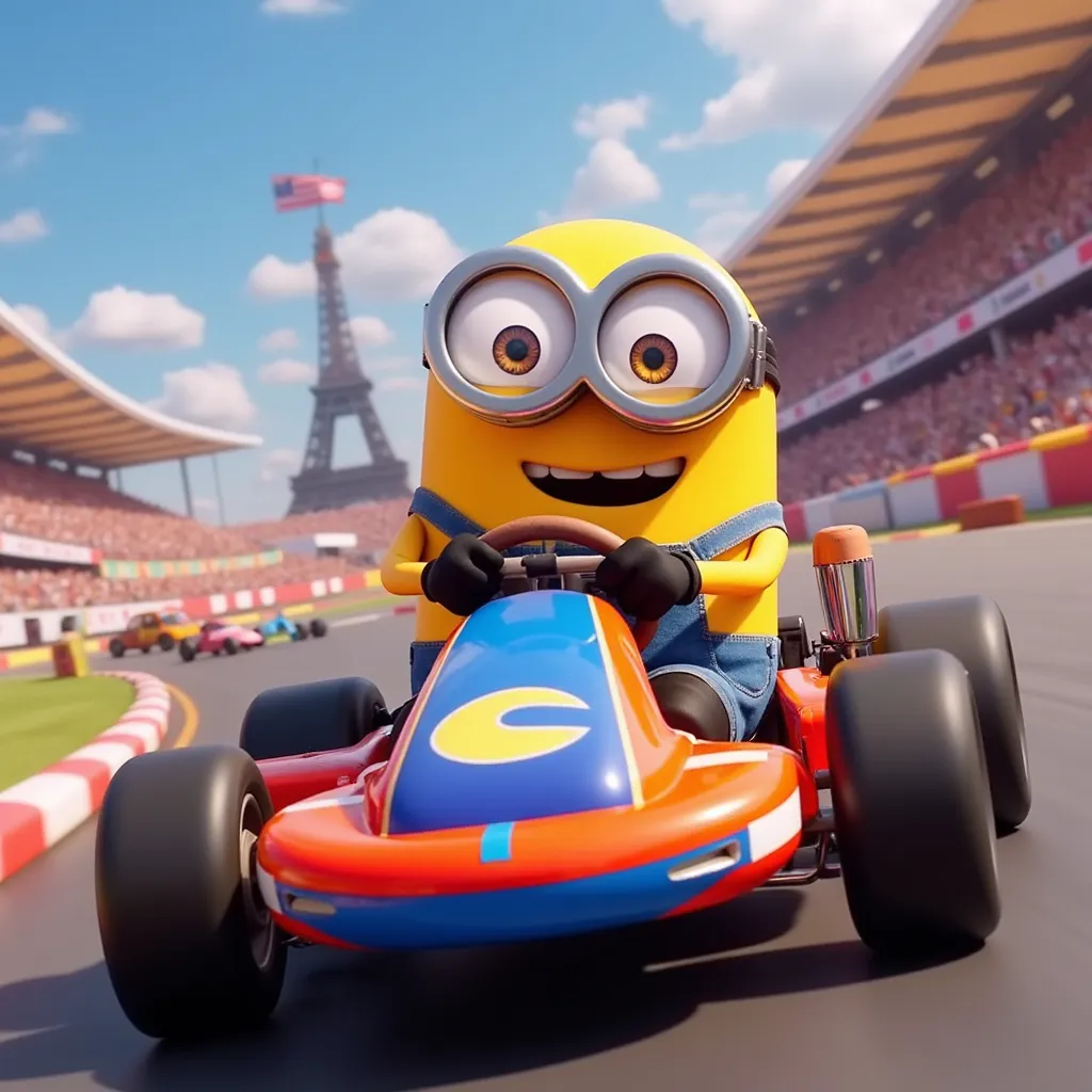 > Bob the minion driving a colorful kart at high speed, digital illustration, cartoon style, inspired by Despicable Me and Illumination Entertainment, medium shot, wide angle lens, vibrant colors, detailed background of a racetrack with cheering crowds, (hyper detailed:1.2), (fantasy vivid colors:1.15), (dynamic lighting:1.1), (8K resolution:1.3).
