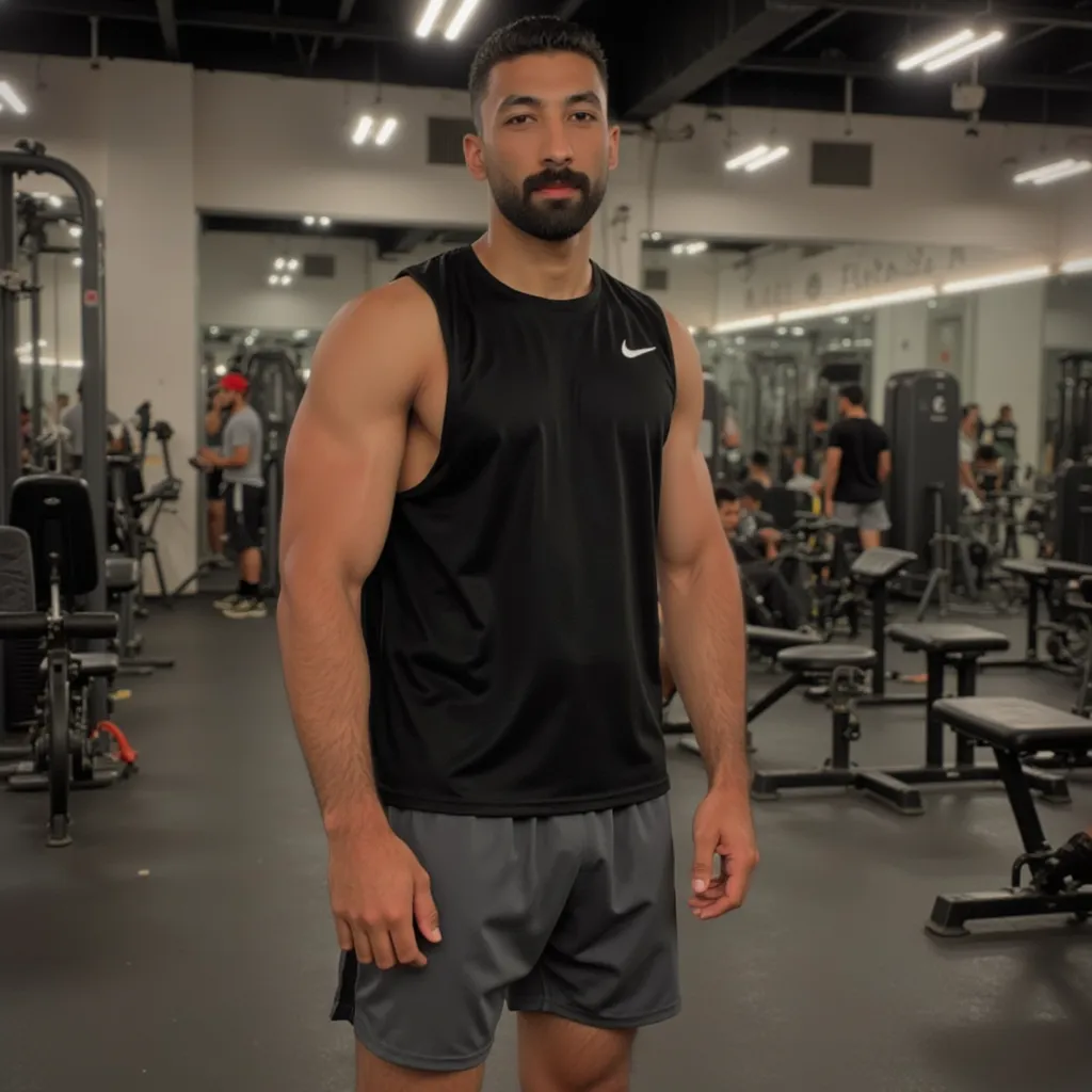 "A 25-year-old Egyptian male fitness model, 180 cm tall and weighing 80 kg, with a well-proportioned, athletic physique. He has a classic muscular build—fit and toned but not overly bulky. He is modeling Nike sportswear in a modern gym setting, wearing a fitted workout shirt, training shorts, and Nike sneakers. The gym environment includes high-quality fitness equipment, good lighting, and a motivational atmosphere. His confident pose highlights the sportswear and his well-defined muscles."