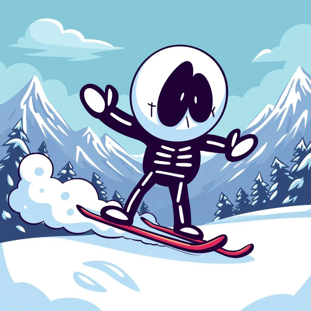 SkidFNF, round skeleton head, black and white eyes, skeleton costume, white round gloves An Cartoon Image Of Skid Skating In The Snowy Mountain