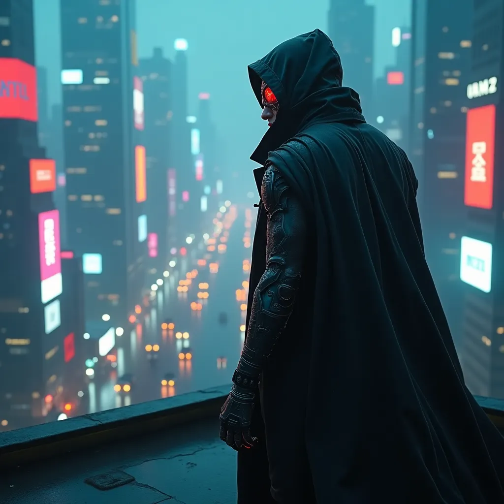 A mysterious cyberpunk man stands on a towering rooftop, overlooking a sprawling futuristic metropolis glowing with neon lights. His hooded cloak billows in the wind, partially hiding his cybernetic face, illuminated by the soft flicker of a holographic visor. His mechanical arm gleams under the city’s electric glow, pulsing with energy. The skyline behind him is a mesmerizing maze of towering skyscrapers, holographic billboards, and flying vehicles, casting a neon haze over the rain-soaked streets below. Cinematic lighting, ultra-detailed, moody cyberpunk noir, high-tech aesthetic