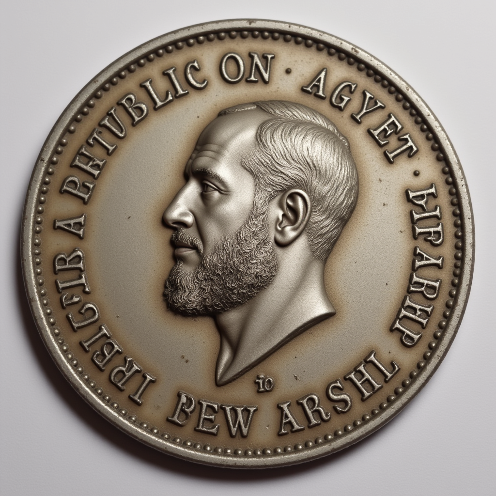 A metal coin with the words “Arab Republic of Egypt” written on it, and the face of the king printed on it, and under the face the name “Ahmed Abdel Ghani.” The coin is dated 1976