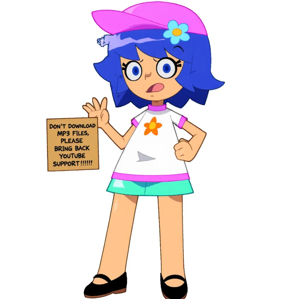 Paula from "Sussan & Friends" is depicted with bright blue hair in a ponytail, adorned with a light blue flower and a pink cap. She wears a white shirt with pink collar and cuffs featuring a yellow-orange flower design, teal skirt and black shoes. Pink bands and fingerless gloves add colorful accents. Her expression is angry, with large blue eyes, she's holding a sign saying "DON'T DOWNLOAD MP3 FILES, PLEASE BRING BACK YOUTUBE SUPPORT!!!" bacun_style