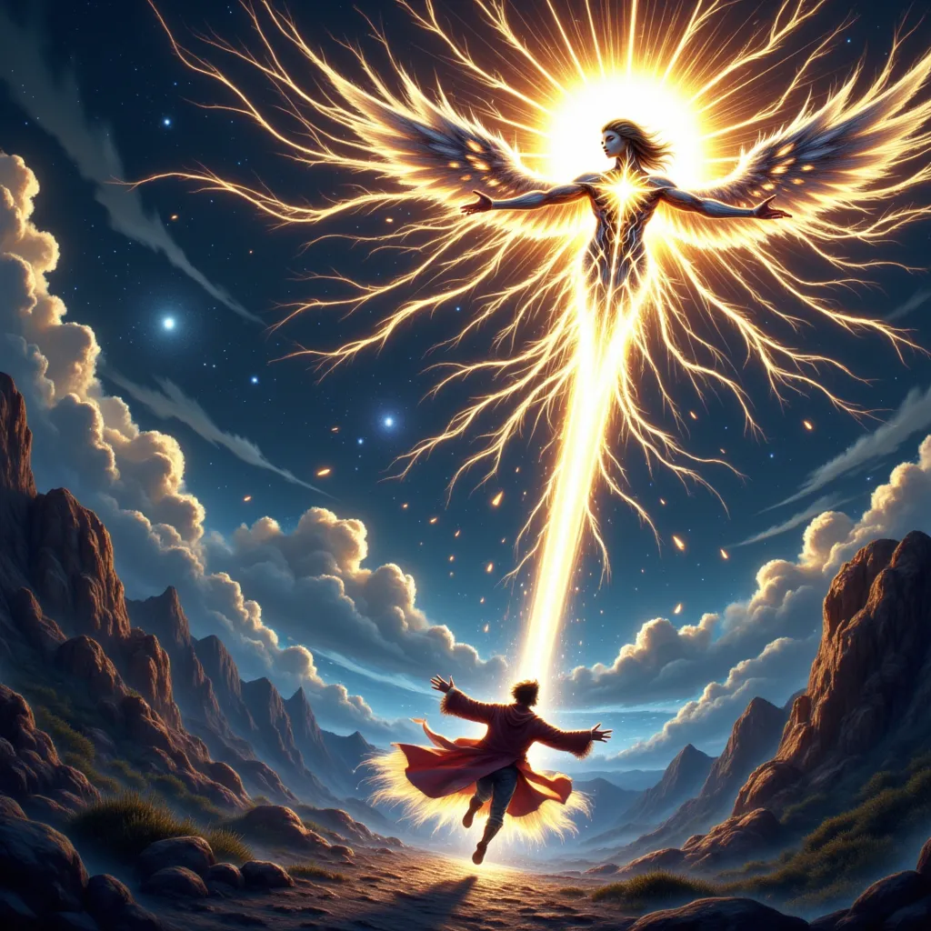 A cruzfix with a Special aura flying before a man. 2D, Art Style, dalle