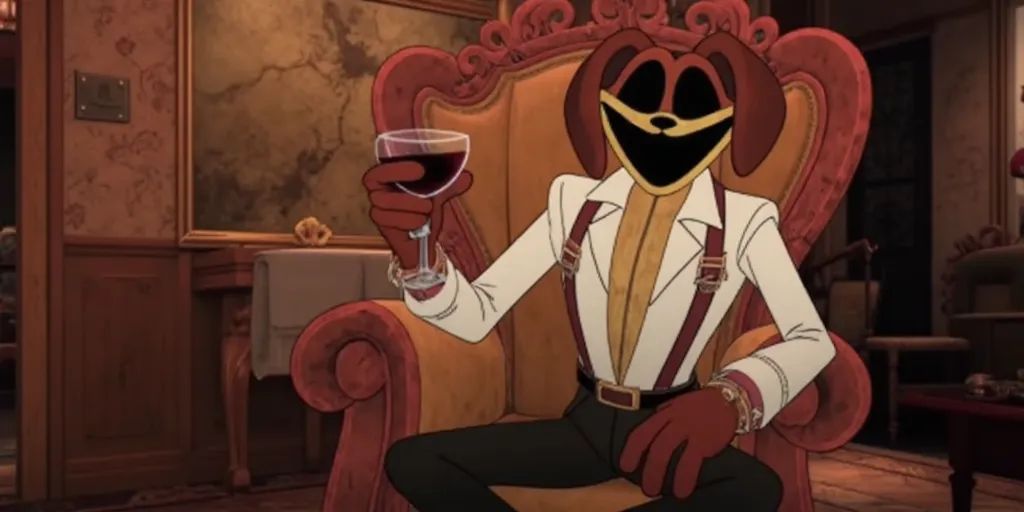 dogday > A cartoonish creature resembling a dog, confidently sitting on an ornate wooden chair, wearing a white dress shirt that expose his body, black pants with shoulder straps, and brown loafers. He is holding a wine glass with red wine in it